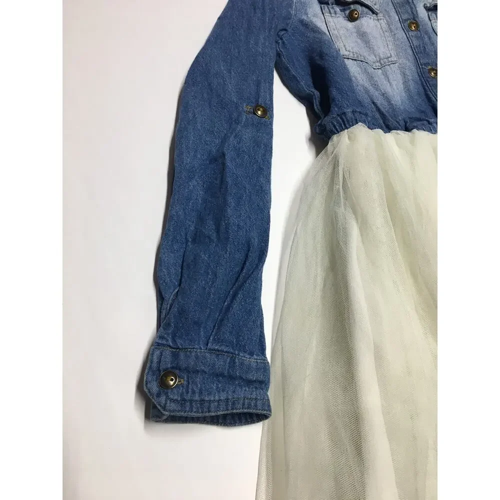 Lilt Jean Dress Button Up Tulle Ruffle Bottom Long Sleeve Girls M 7/8